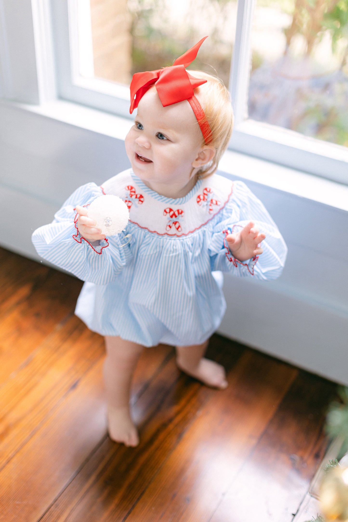Poppy Kids Co Girls Smocked Blue Candy Cane Bubble