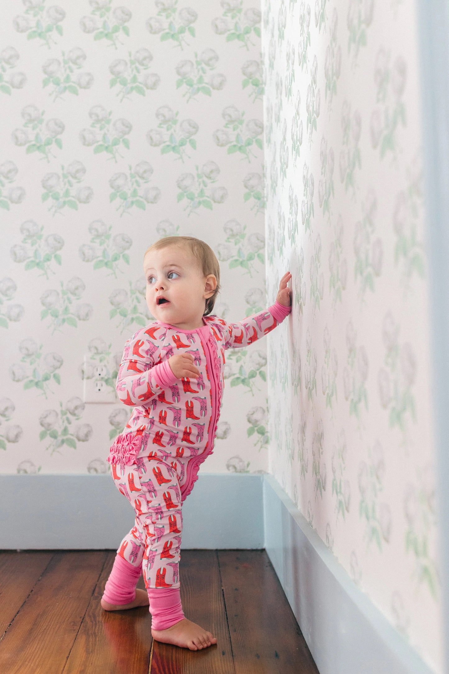 Poppy Kids Girl Pink Western Boot Ruffle Bamboo Onesie