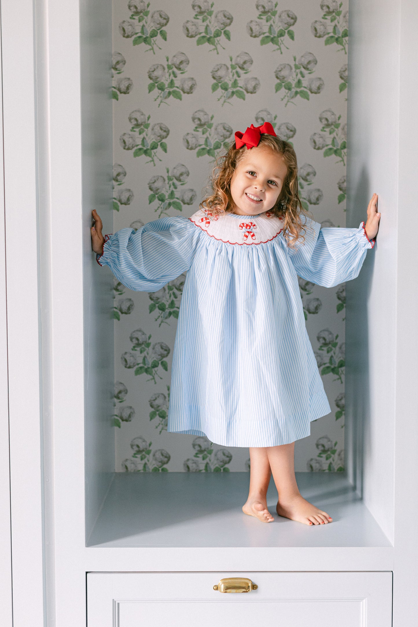 Poppy Kids Co Girls Smocked Blue Candy Cane Dress