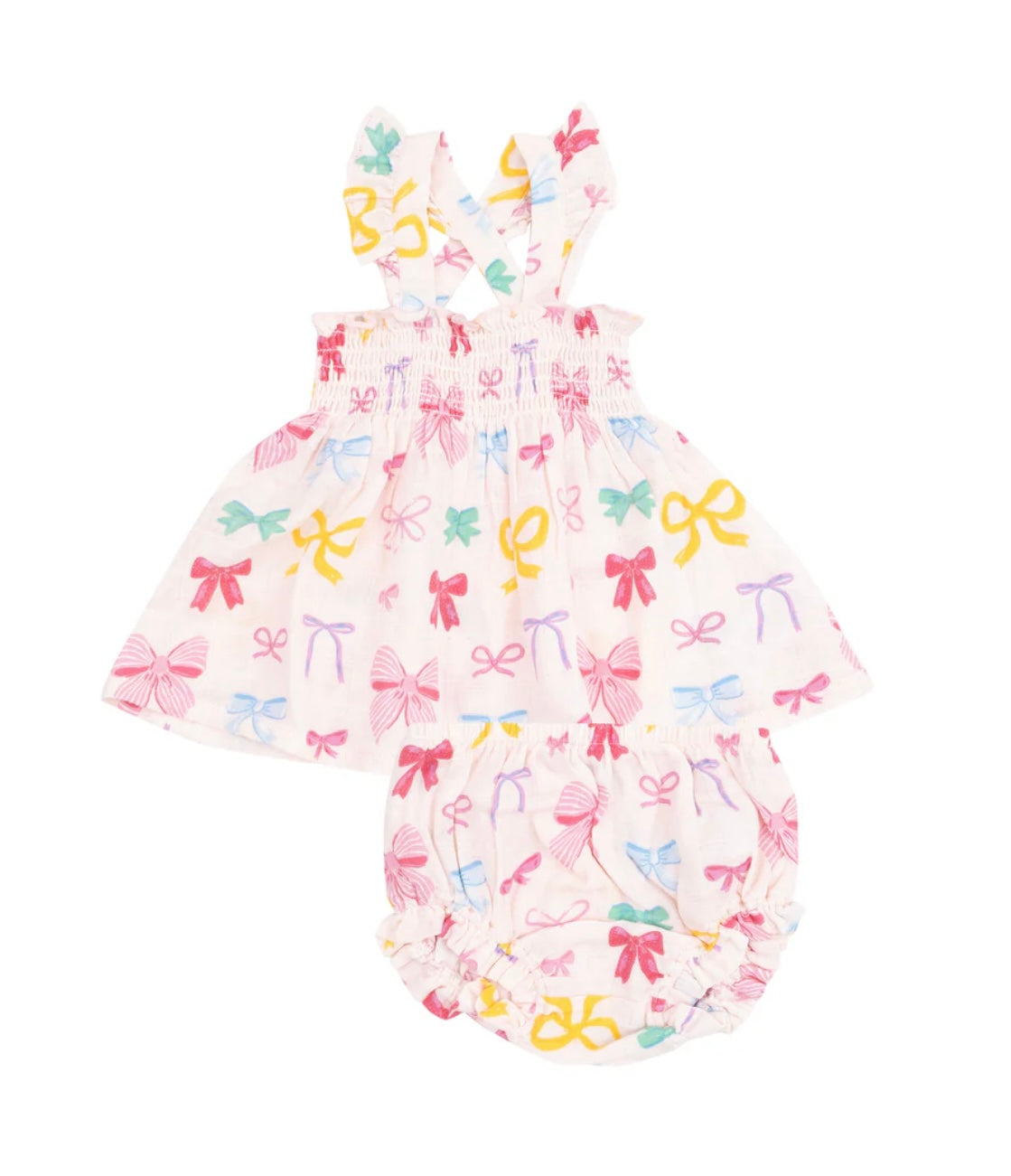 Angel Dear Girls Colorful Bows Ruffle Strap Smocked Top and Diaper Cover Set