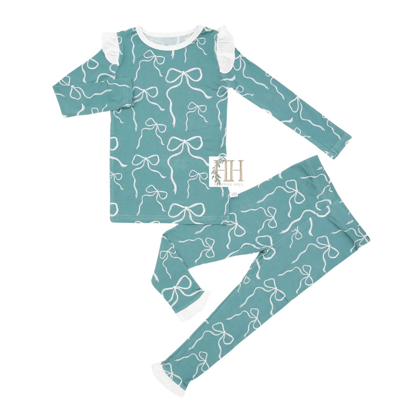 Hamner Hill Tied in Teal Bow Loungewear Set Bamboo Two Piece Pajamas