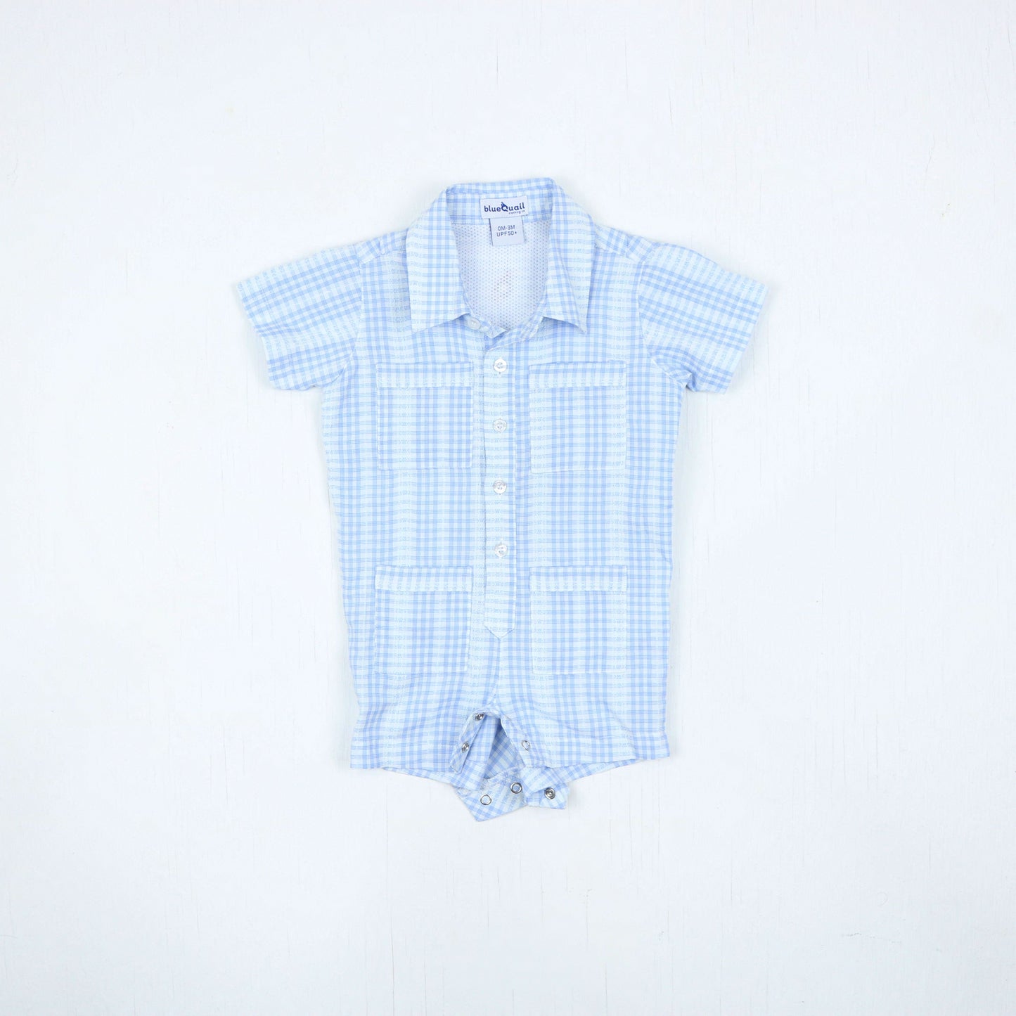 Blue Quail Guayabera Blue Plaid Boys Romper