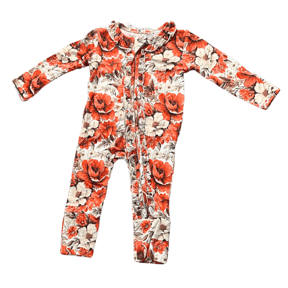 Vivian Floral Ruffle Bamboo Two Way Zipper Girls Onesie