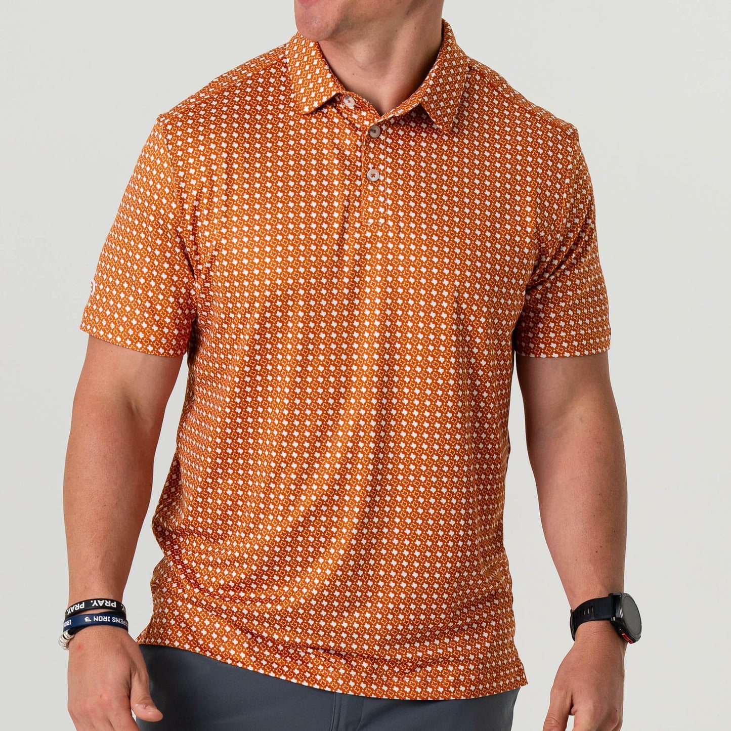 Burlebo Mens Performance Polo - Texas - Orange & White Short Sleeve