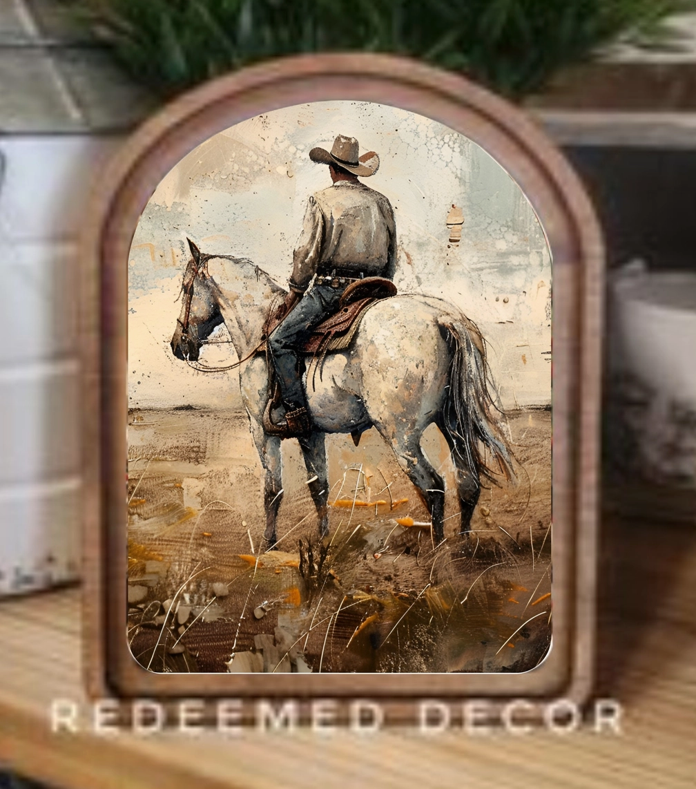 Arch Top White Horse Cowboy Framed Art