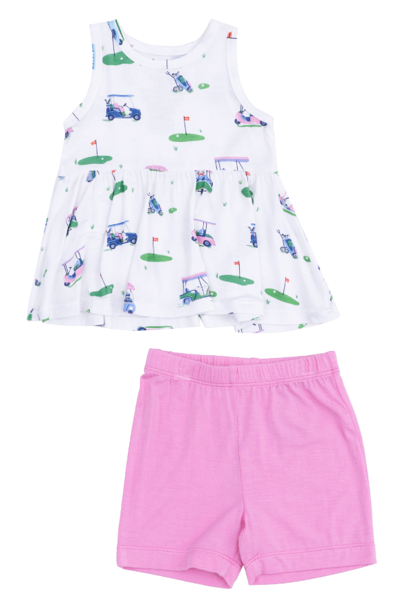 Angel Dear Girls Vintage Golf Carts Pink Peplum Tank Top And Bike Short