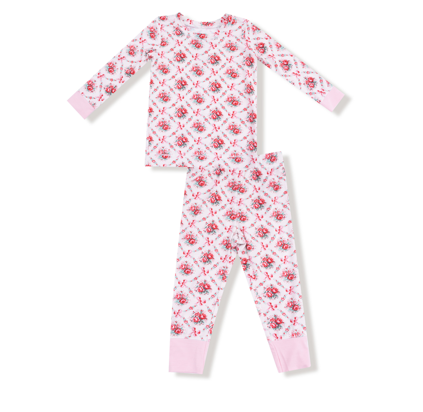 Angel Dear Rose Bow Lattice Girls Bamboo Two Piece Pajamas