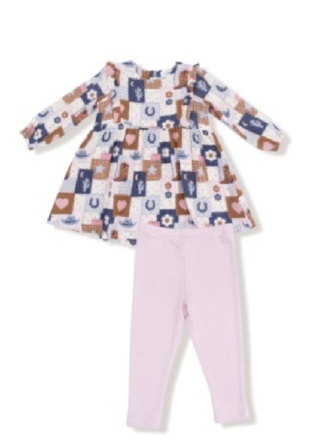 Angel Dear Patchwork Cowgirl Ruffle Long Sleeve Dress & Ribbed Leggings