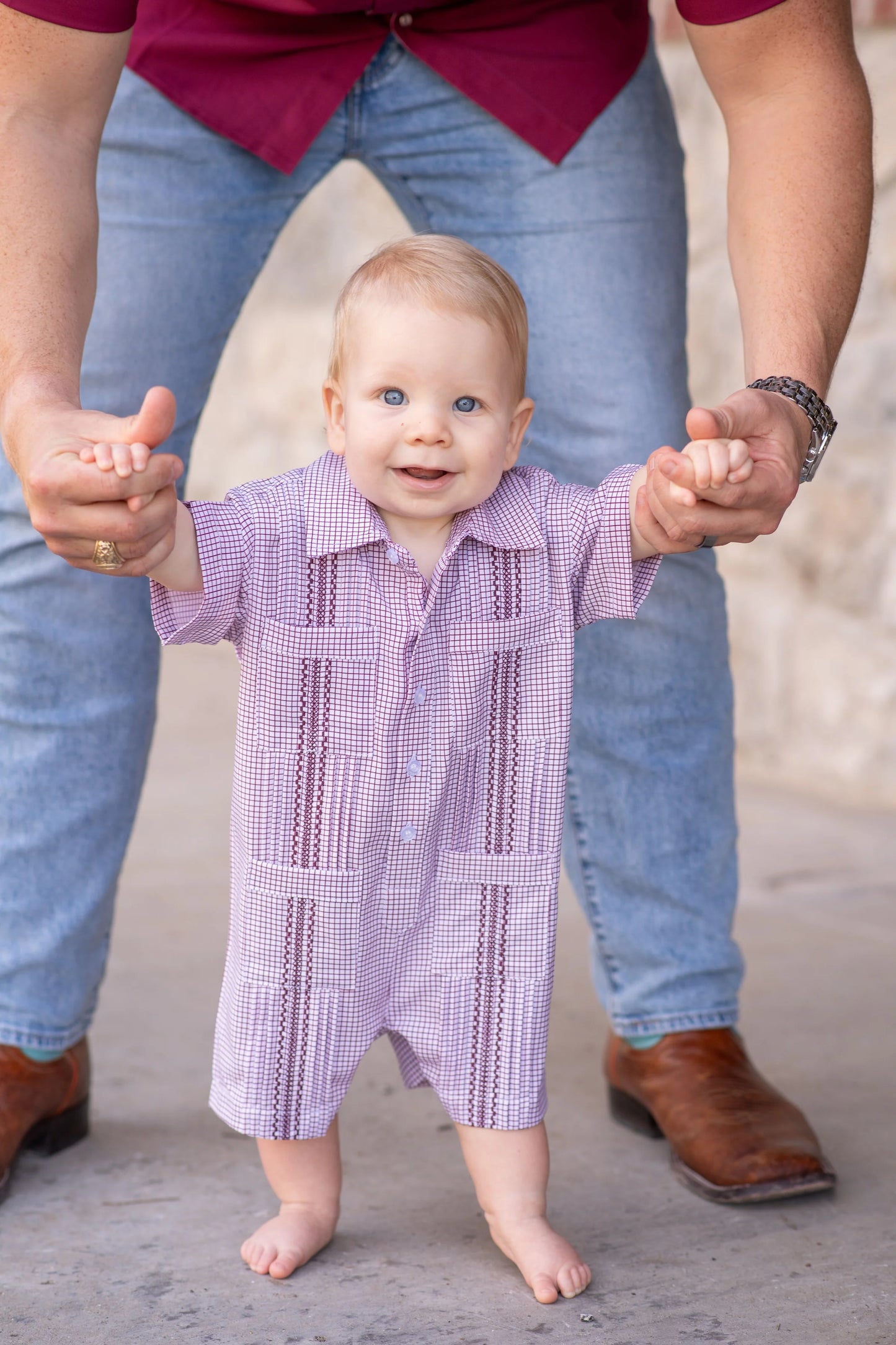 BlueQuail Boys Maroon Guayabera Short Sleeve Romper