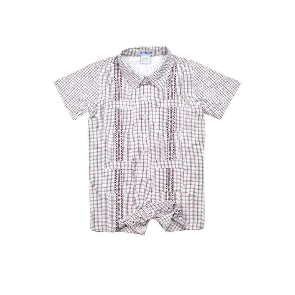 BlueQuail Boys Maroon Guayabera Short Sleeve Romper