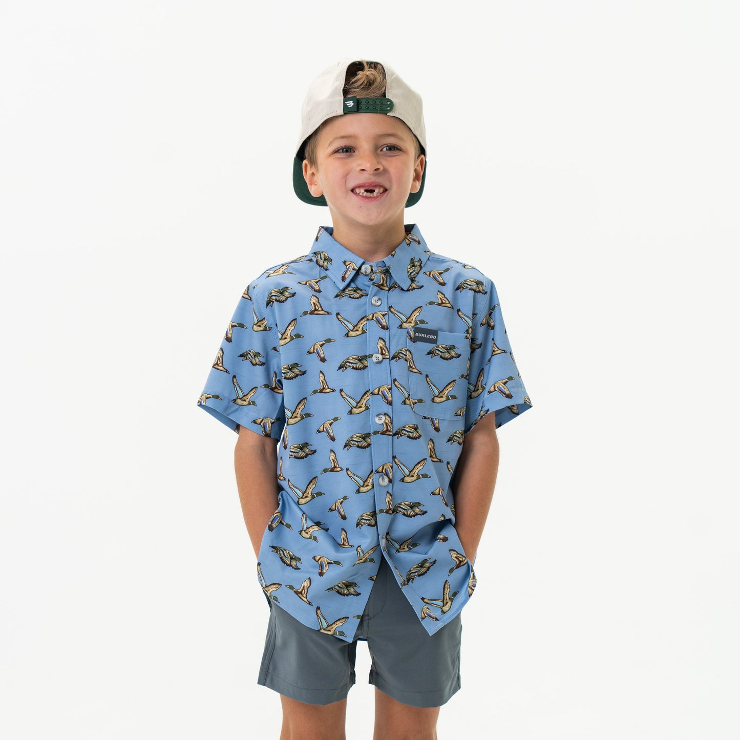 Burlebo Jumbo Mallards Blue Youth Performance Button Up Boys Shirt