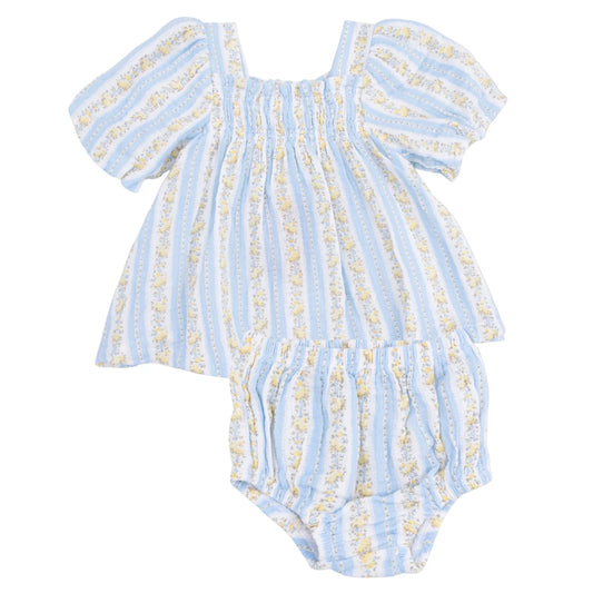 Angel Dear Odalys Floral Stripe Puff Sleeve Girls Dress with Bloomer