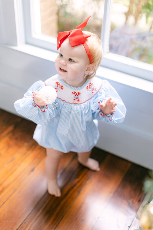 Poppy Kids Co Girls Smocked Blue Candy Cane Bubble