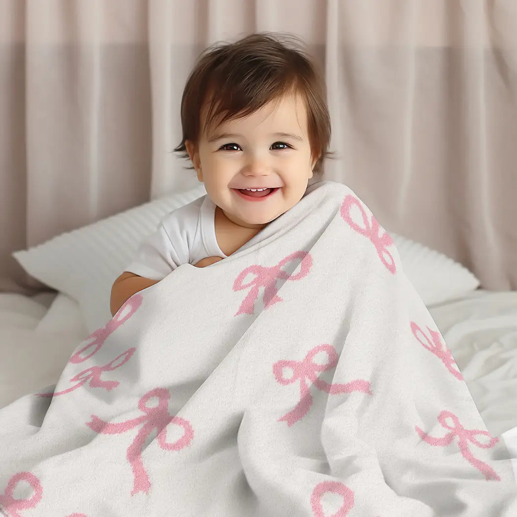 Barefoot Dreams Dupe Pink Bows Baby Blanket