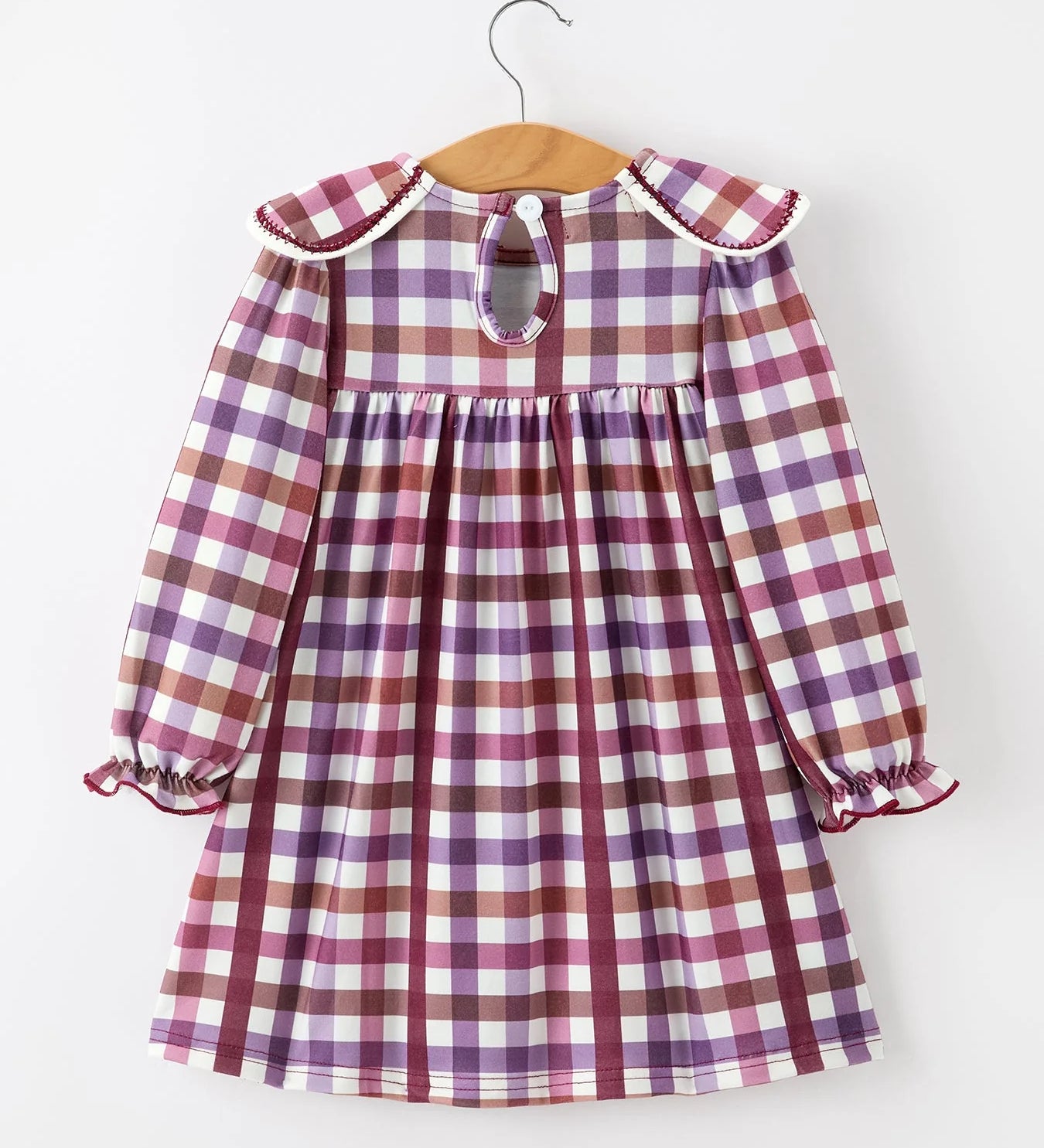 Girls Burgundy Plaid Petals Collared Dress