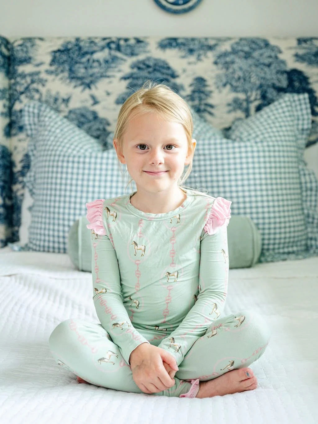 Hamner Hill x Petite Paloma Green Horse Ruffle Girls Bamboo Two Piece Loungewear Set