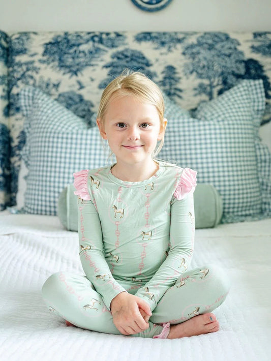 Hamner Hill x Petite Paloma Green Horse Ruffle Girls Bamboo Two Piece Loungewear Set