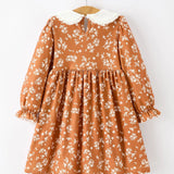 Rylee Faith Girls Rust Floral Peter Pan Collar Dress