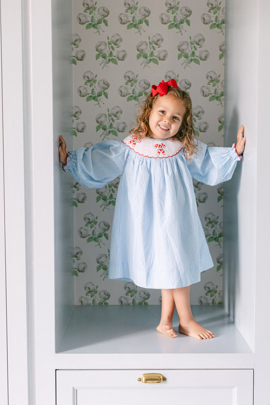 Poppy Kids Co Girls Smocked Blue Candy Cane Dress