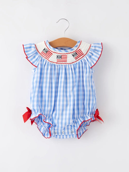 4th of July Flag Embroidery Smocking Girls Bubble
