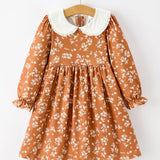 Rylee Faith Girls Rust Floral Peter Pan Collar Dress