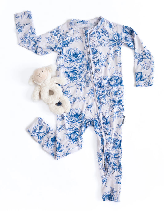 Blue Floral Toile Girls Bamboo Zipper Onesie