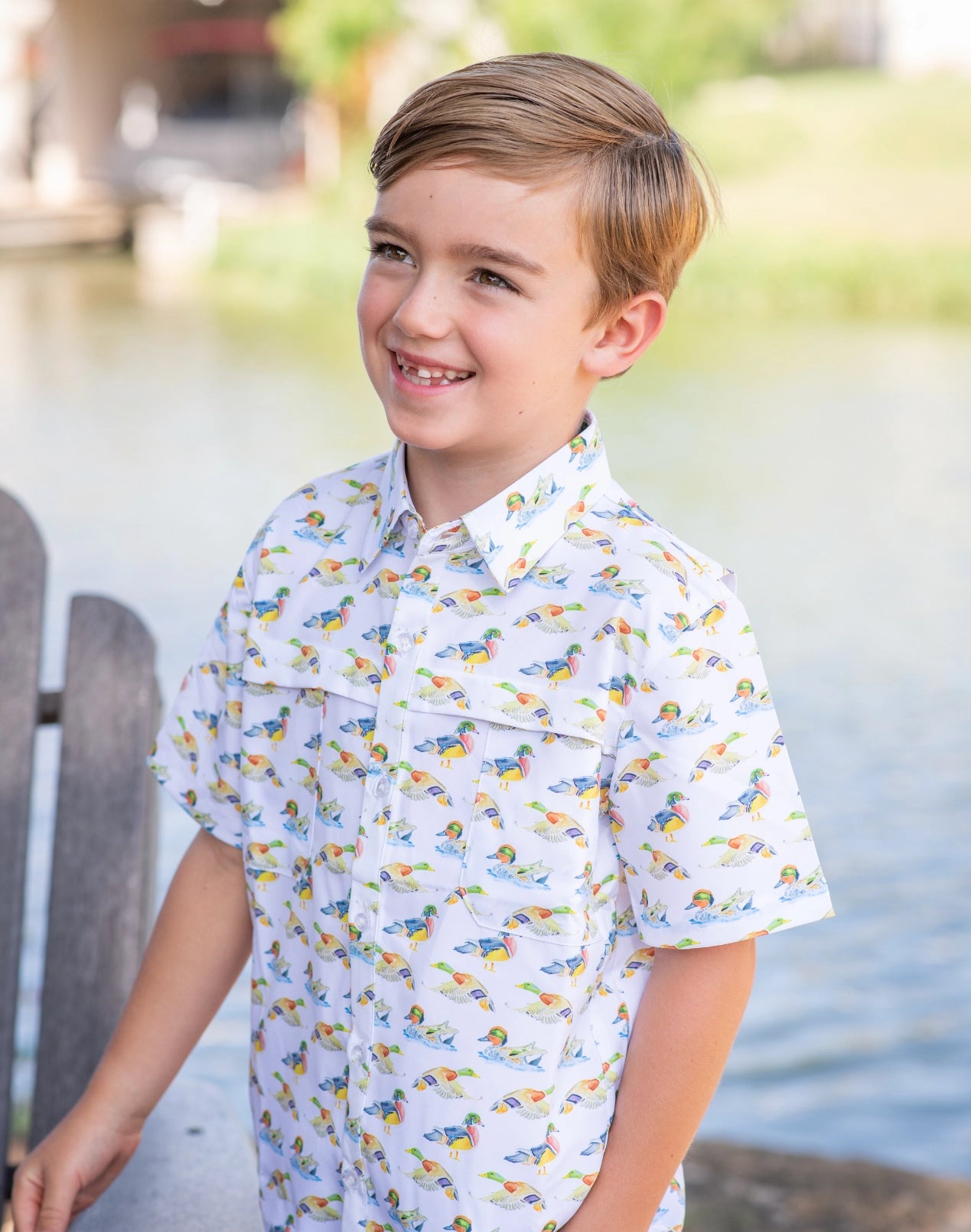 Blue Quail Mallard Ducks Short Sleeve Boys Performance Polo