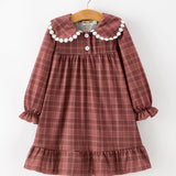 Rylee Faith Brown Plaid Flower Collard Dress