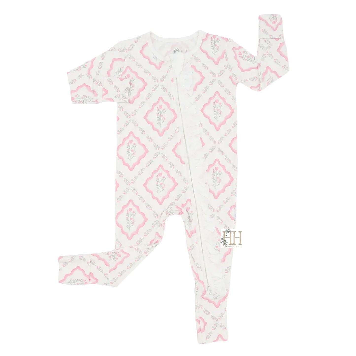 Hamner Hill x Petite Paloma Girls Floral Ruffle Double Zipper Bamboo Romper