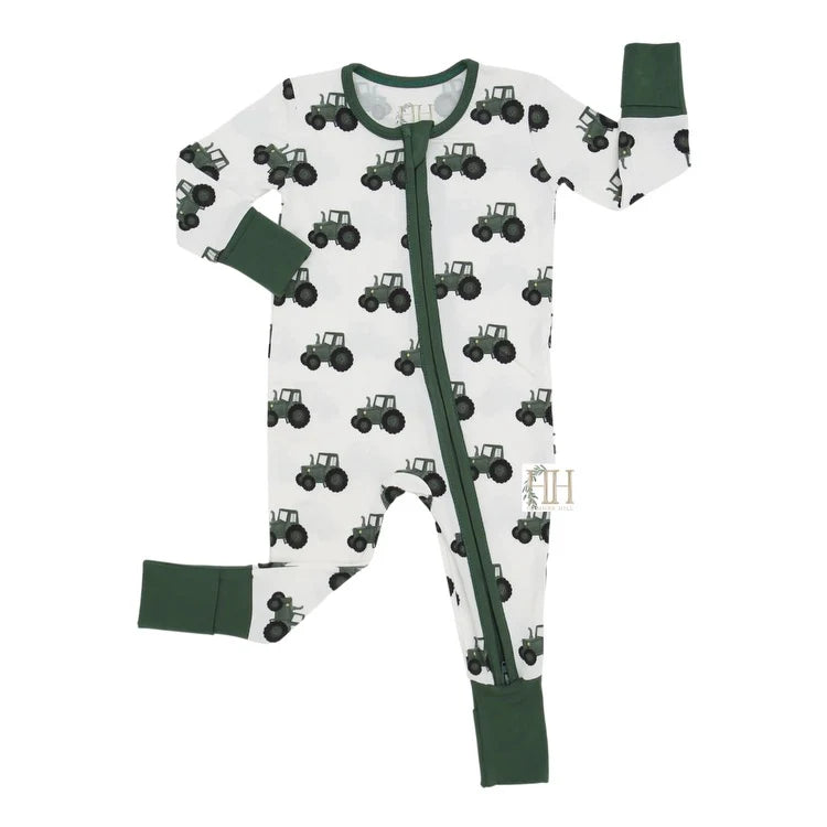 Hamner Hill Boys Green Tractor Double Zipper Bamboo Onesie