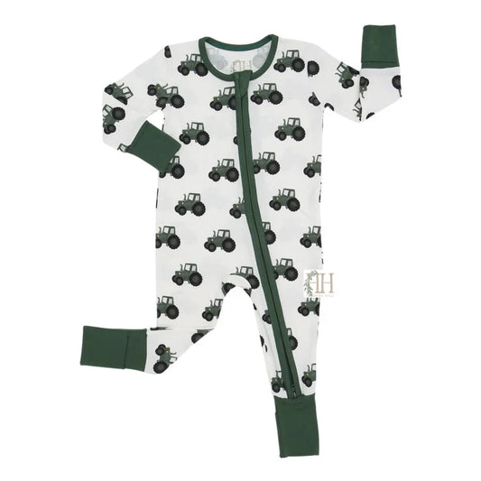 Hamner Hill Boys Green Tractor Double Zipper Bamboo Onesie