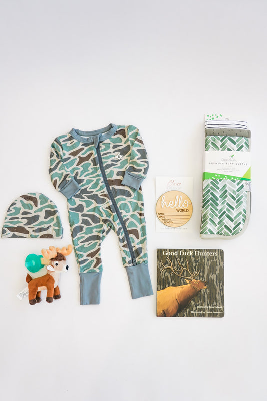 Green Retro Camo Hunting Newborn Gift Box