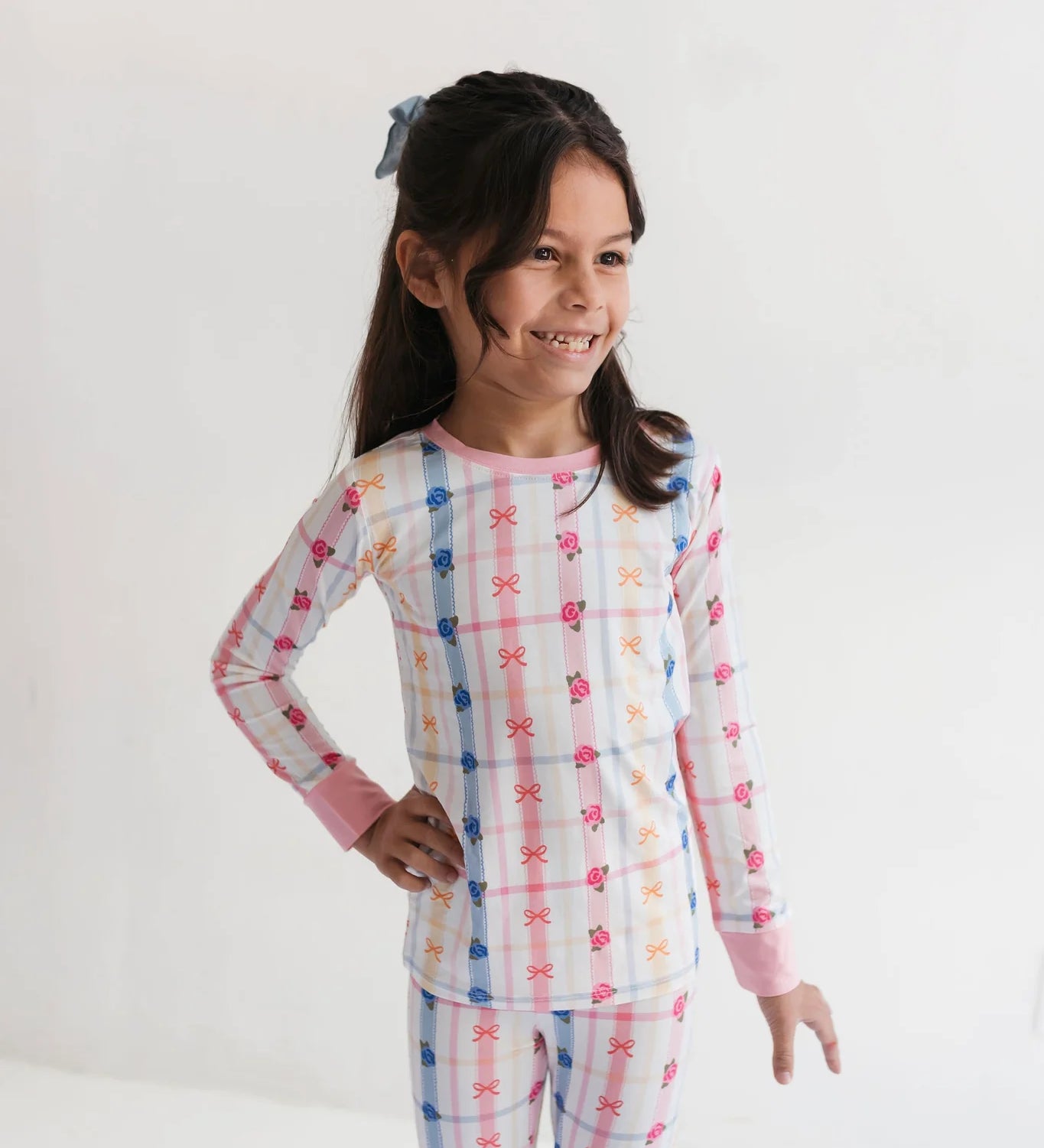 In My Jammers Floral Bow & Plaid Bamboo Girls Two piece pajama set