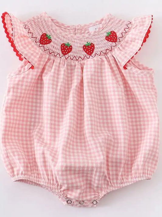 Baby Girls Strawberry Plaid Smocked Bubble