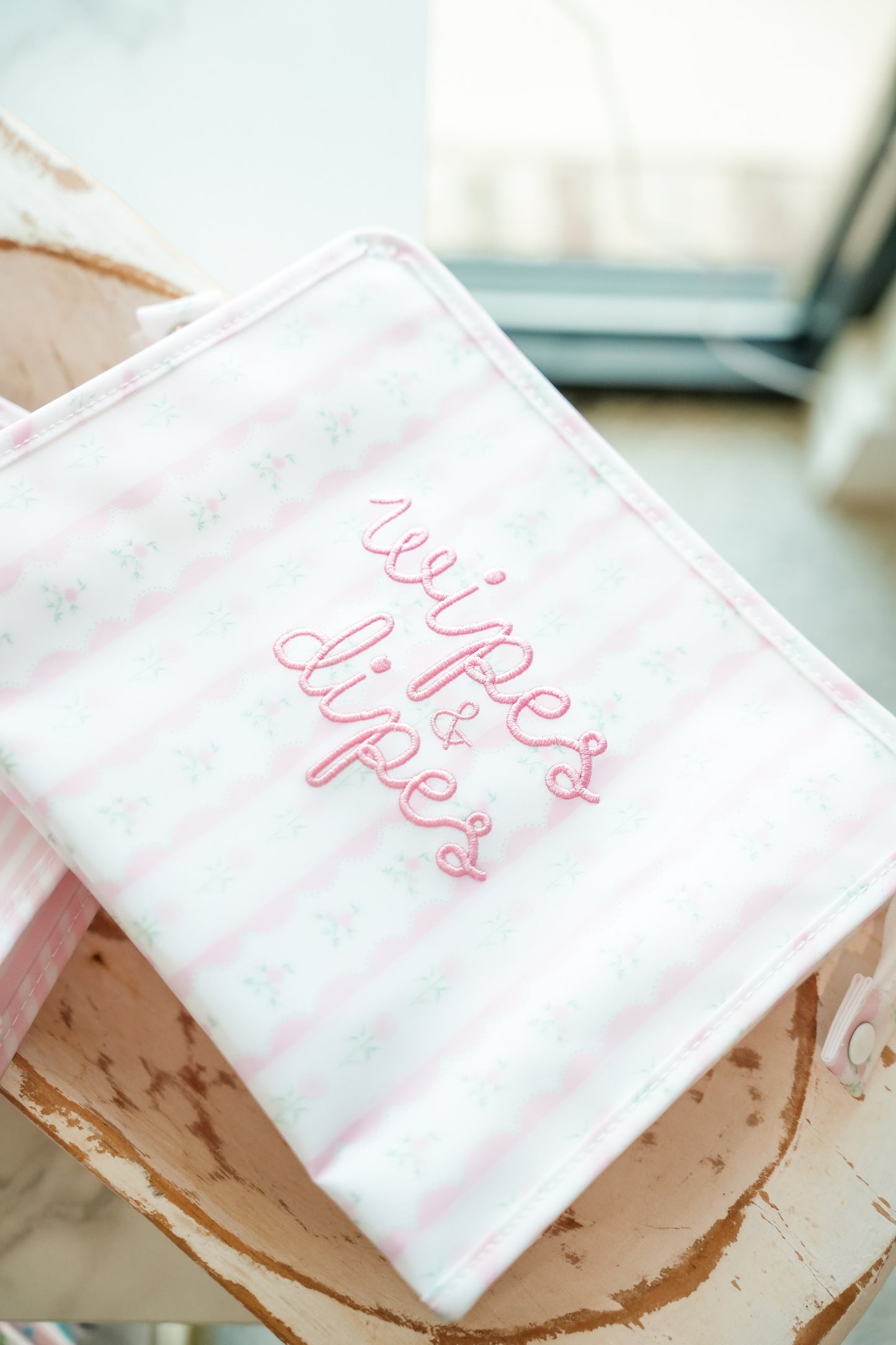 Wipes & Dipes Embroidered TRVL Pink Ribbon Floral Large Roadie Pouch Bag