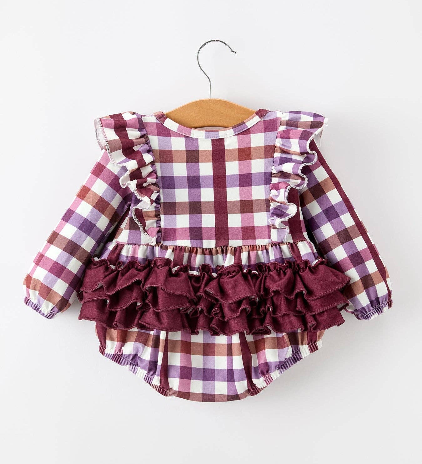 Girls Burgundy Plaid Bow Ruffle Bubble