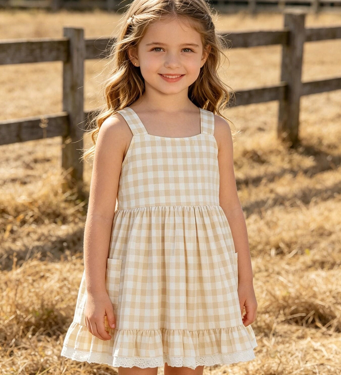 Khaki Gingham Girls Fall Plaid Dress