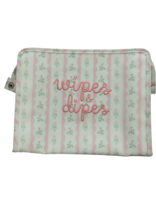 Wipes & Dipes Embroidered TRVL Pink Ribbon Floral Large Roadie Pouch Bag