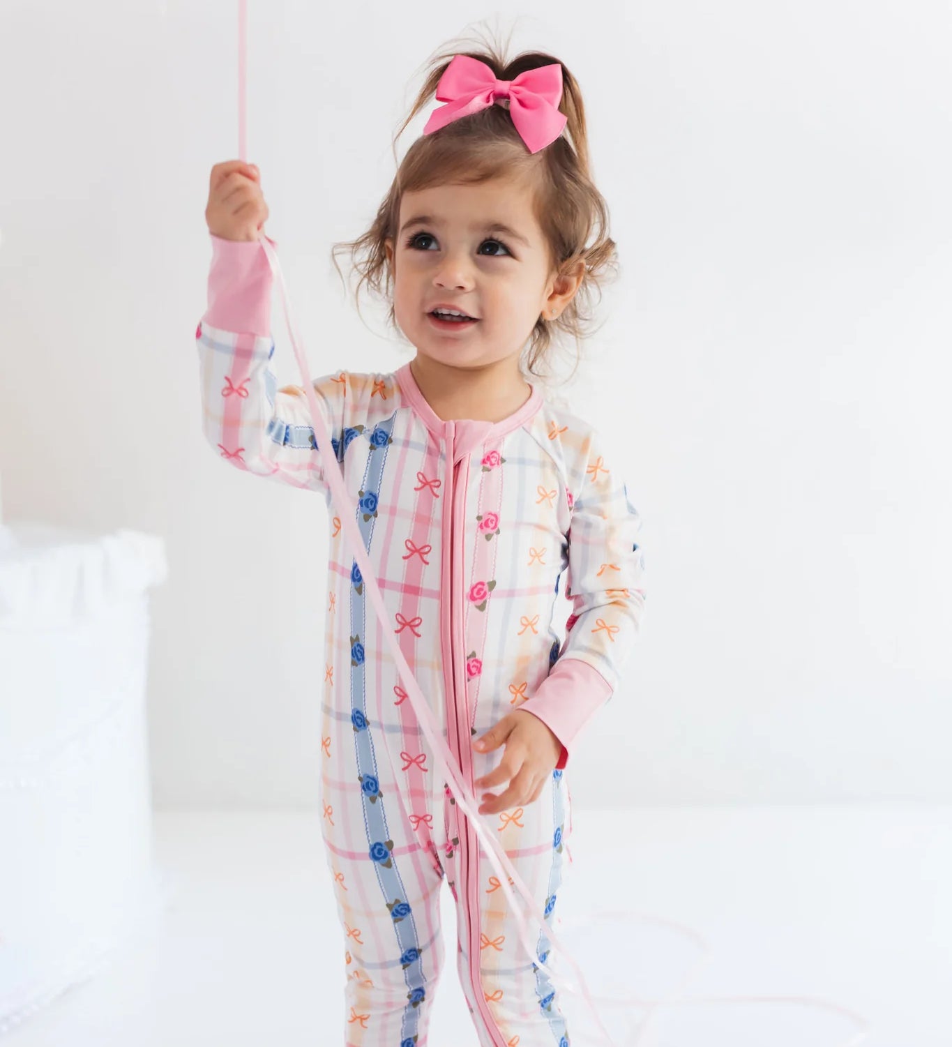 In My Jammers Floral Bow & Plaid Bamboo Girs Onesie