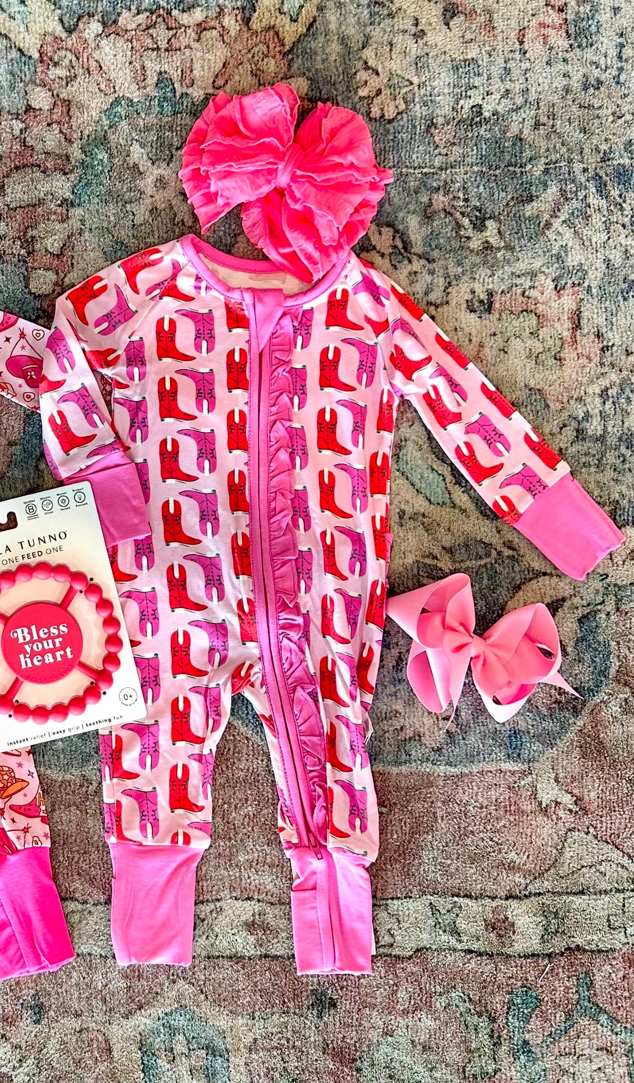 Poppy Kids Pink Western Boot Ruffle Onesie