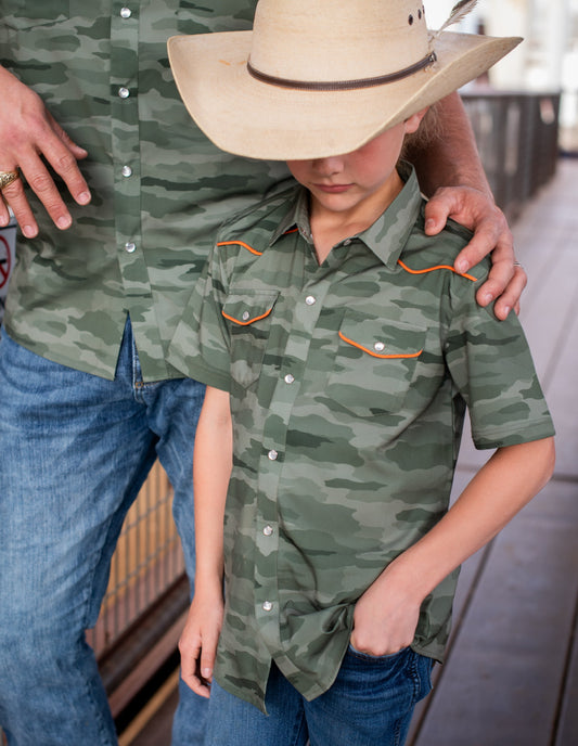 BlueQuail Classic Camo Green Pearl Snap Short Sleeve Boys Shirt