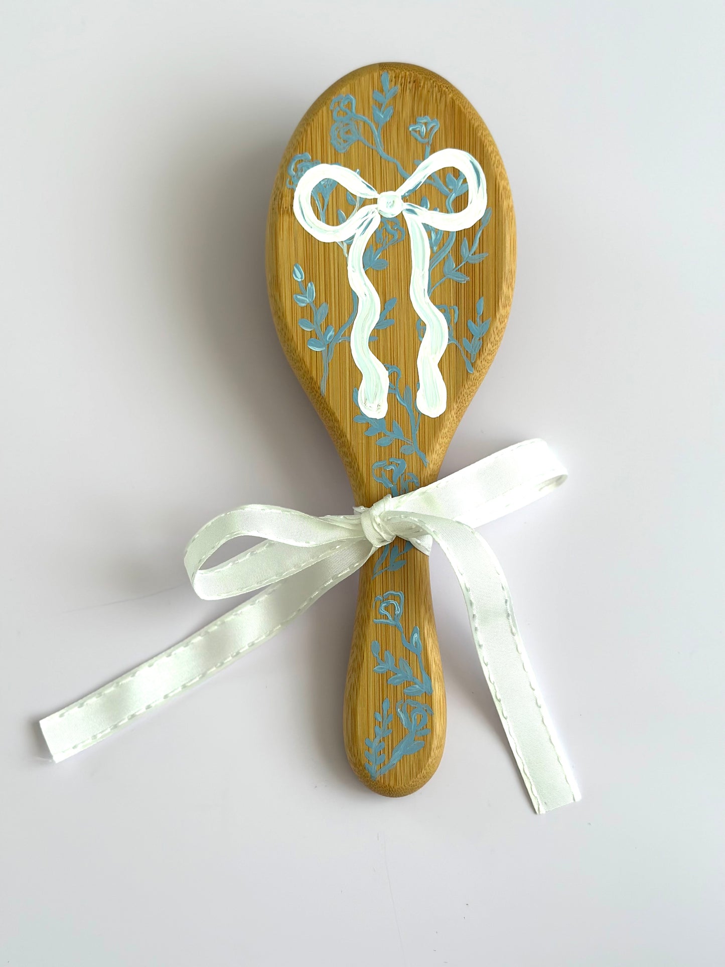 Hand Painted Girls Hair Brush - Blue Floral & Big Bow