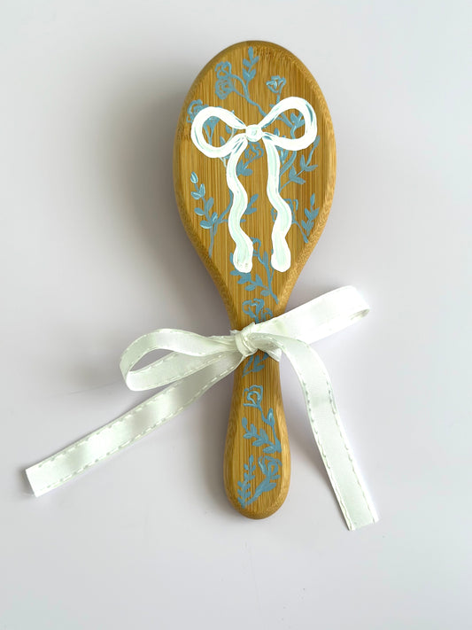Hand Painted Girls Hair Brush - Blue Floral & Big Bow