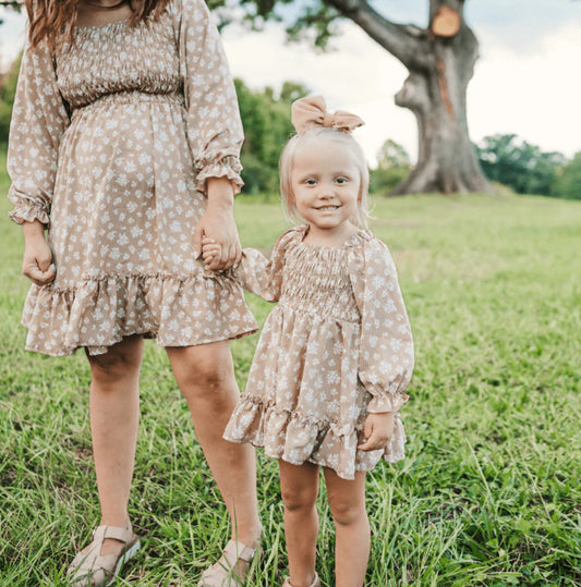 Baileys Blossoms Light Khaki Floral Caroline Long Sleeve Square Neck Girls Dress