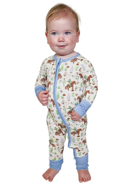 Goosies Bamboo Saddle Up Cowboy Baby Boys Onesie Zipper Romper