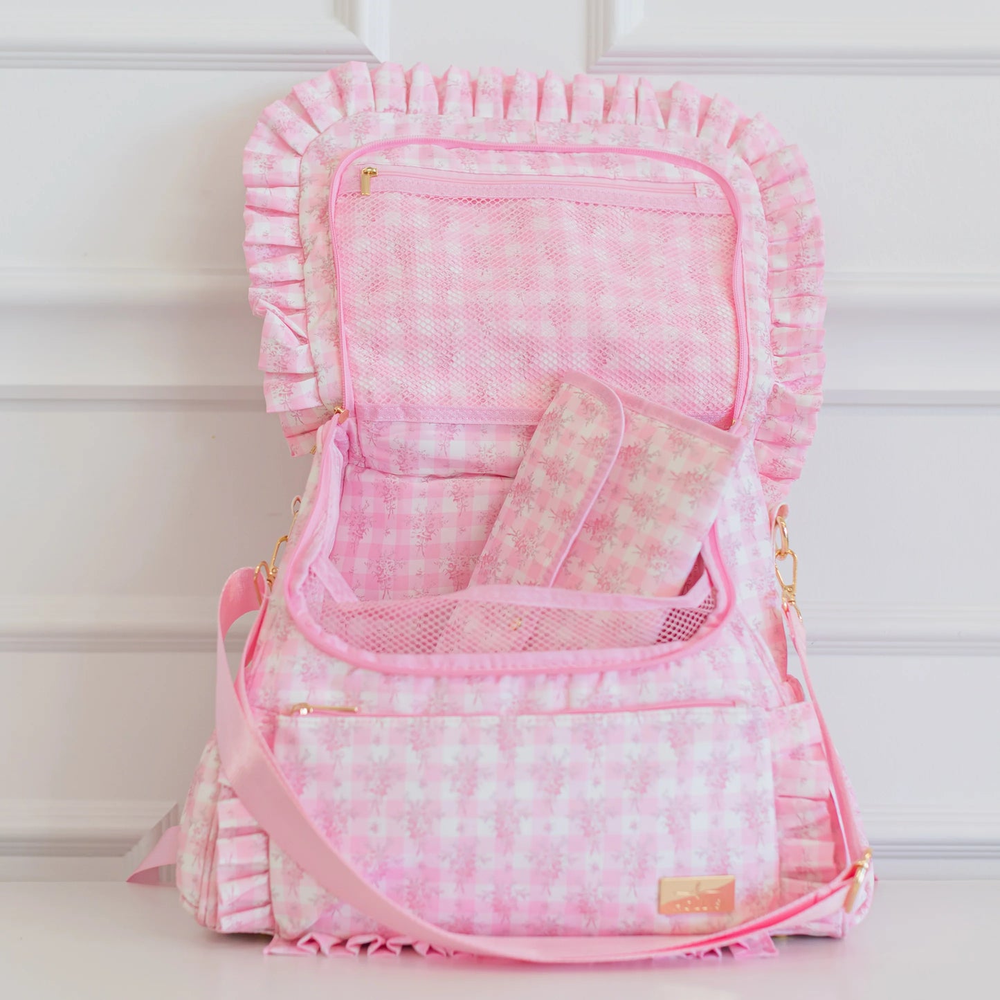Hollis Ruffled Nylon Pink Floral Diaper Bag