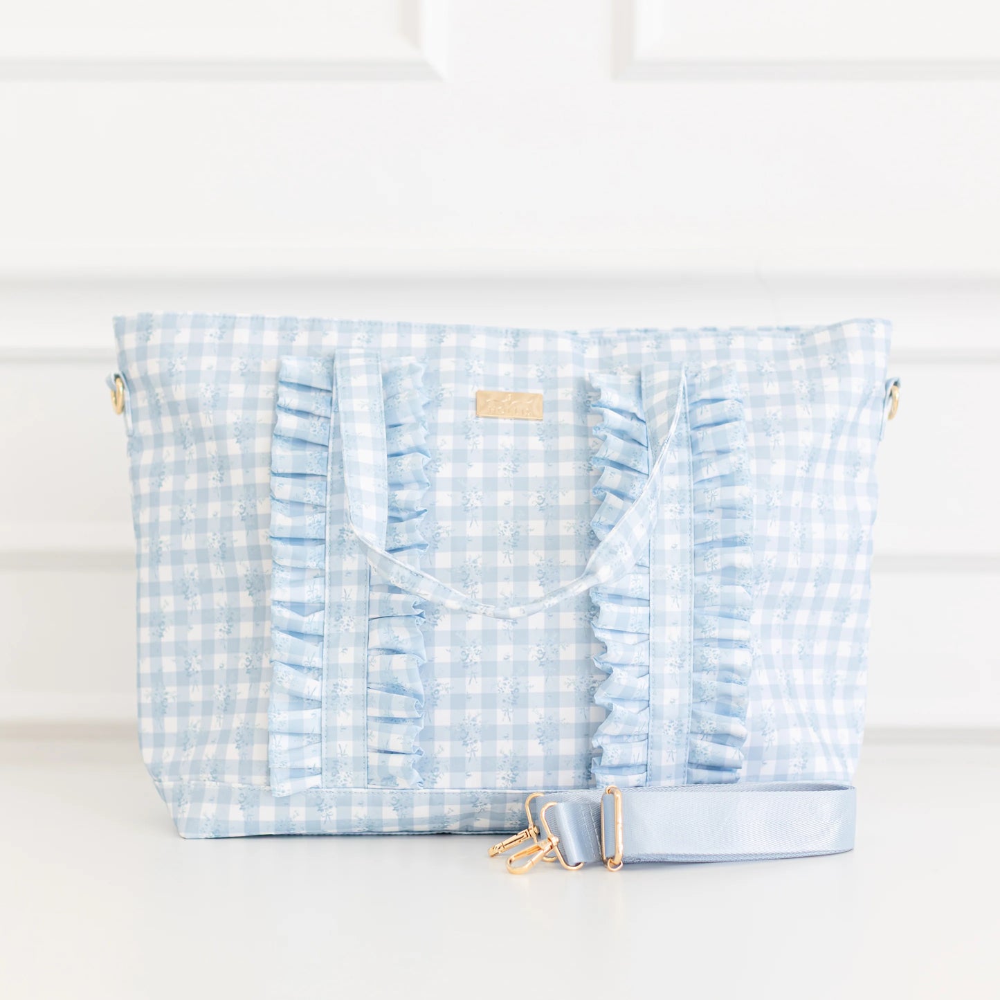 Hollis Ruffled Nylon Blue Floral Tote Bag