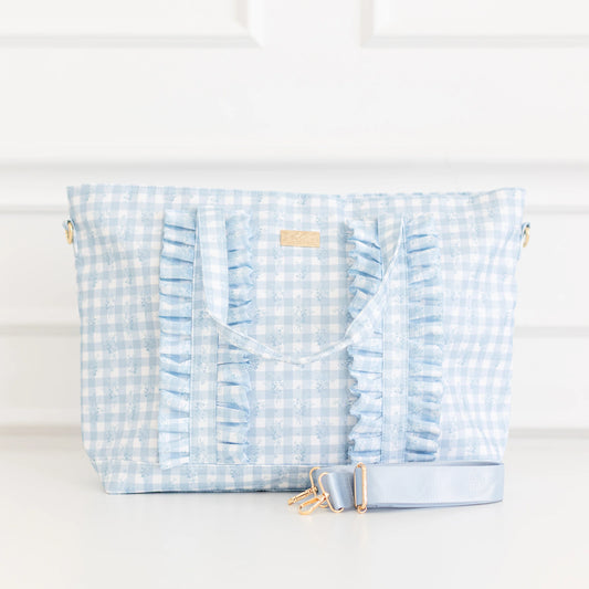 Hollis Ruffled Nylon Blue Floral Tote Bag