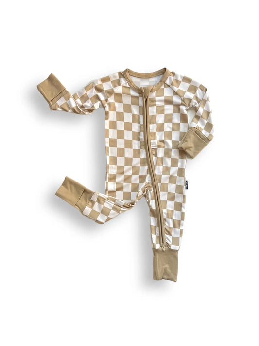 Tan Check Bamboo Zipper Onesie