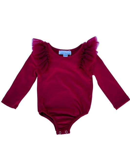 Baileys Blossoms June Ruffle Shoulder Cranberry Leotard